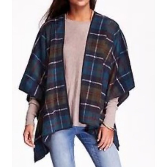 Old Navy Womens Shawl Wrap M/L Plaid Open Front Cardigan Classic Preppy Academia - Picture 1 of 14